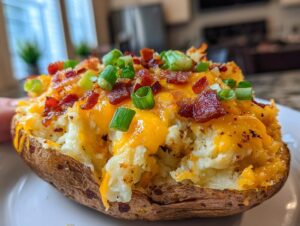 Close-up of a loaded baked potato casserole filling with melted cheddar cheese, bacon bits, and green onions.