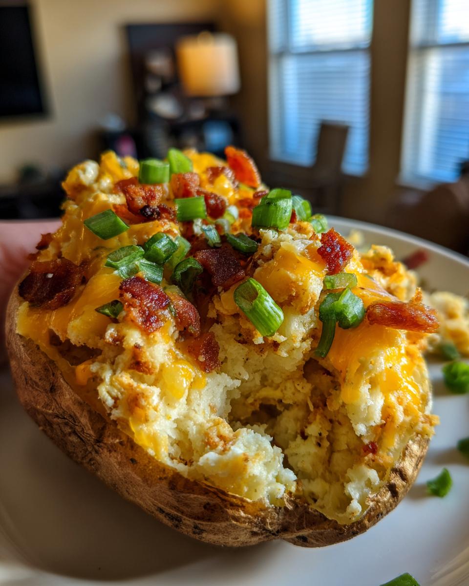 Close-up of a loaded baked potato casserole filling topped with melted cheddar, bacon bits, and fresh green onions.