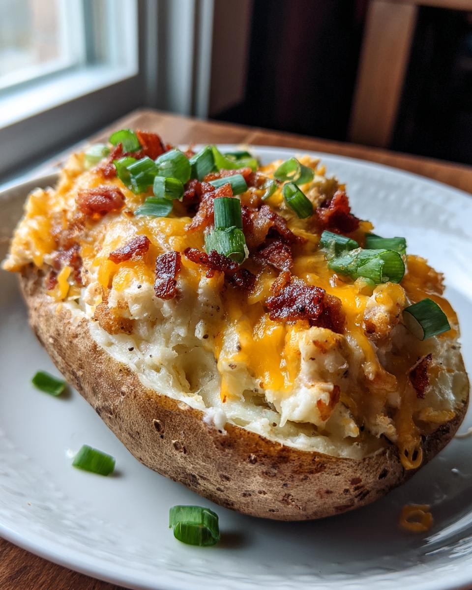 A baked potato casserole stuffed with creamy filling, melted cheddar cheese, bacon bits, and green onions.