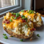 Two halves of a loaded potato casserole topped with melted cheddar cheese, bacon bits, and green onions.