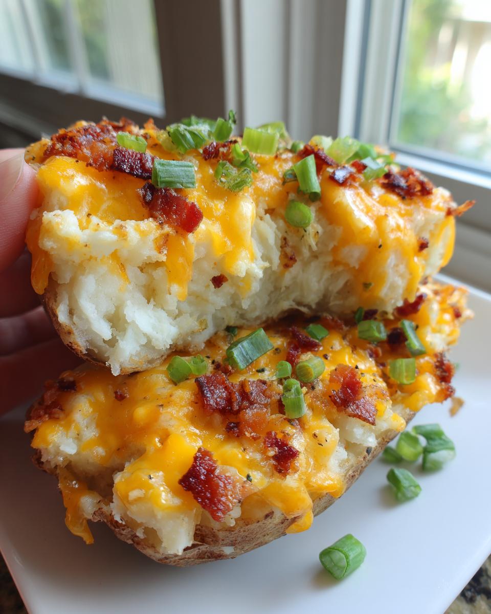Two halves of a loaded potato casserole, topped with melted cheddar cheese, bacon bits, and green onions.