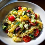 A vibrant bowl of Mediterranean pasta salad featuring rotini pasta, cherry tomatoes, cucumbers, feta cheese, and olives.