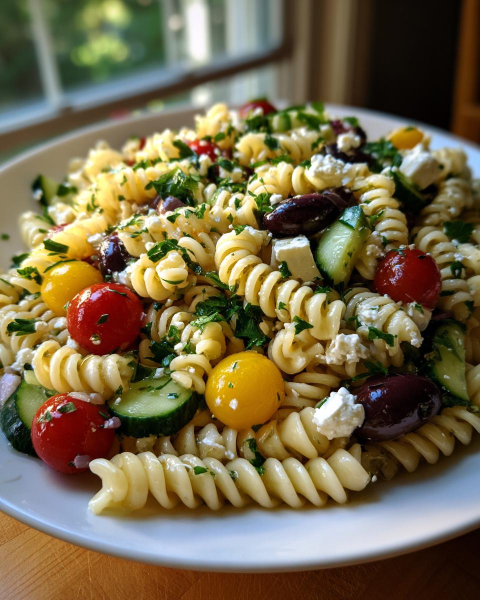 A close-up view of a vibrant mediterranean pasta salad featuring rotini pasta, cherry tomatoes, cucumbers, feta cheese, and Kalamata olives.