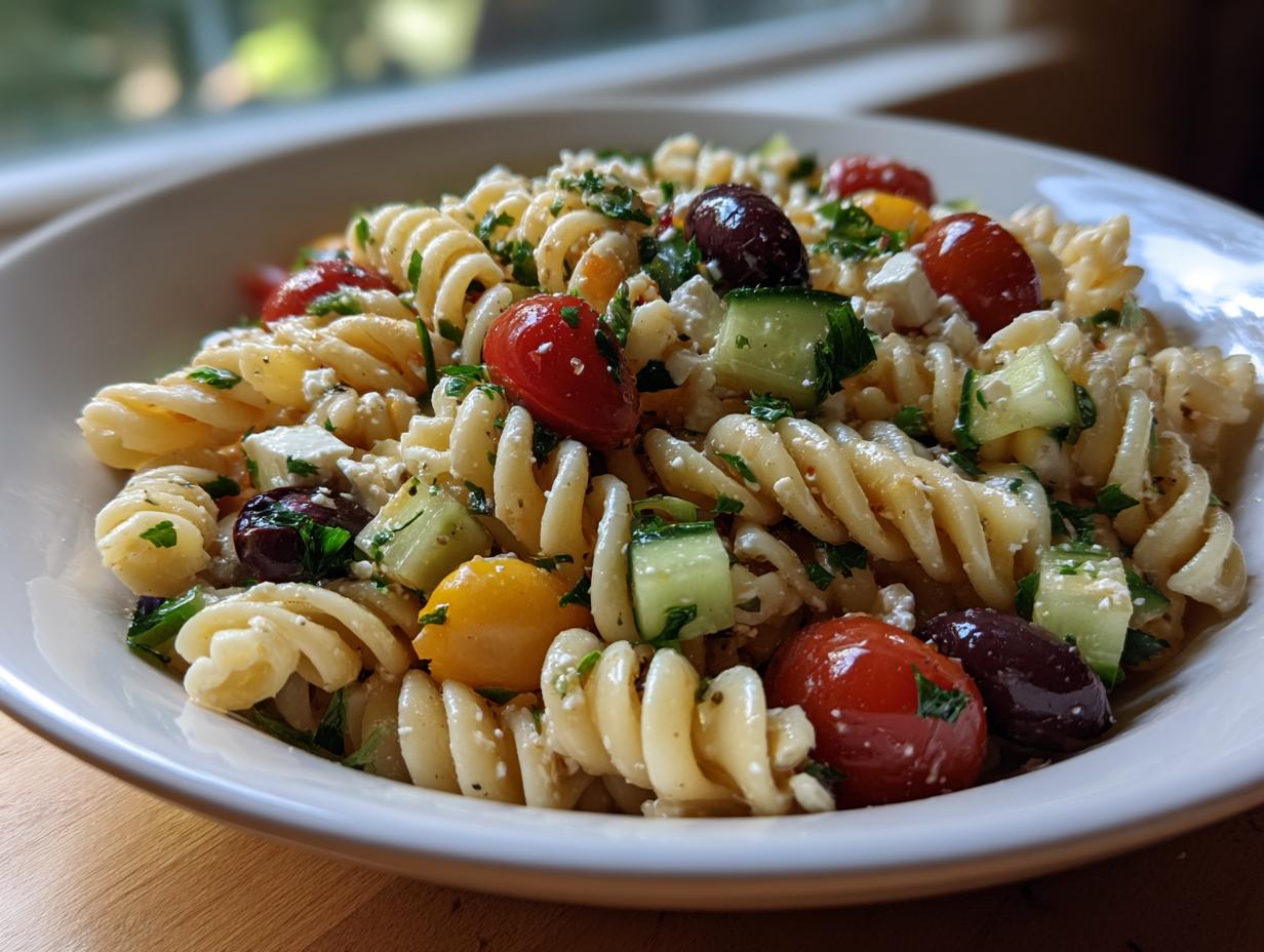 A close-up view of a vibrant mediterranean pasta salad featuring fusilli pasta, cherry tomatoes, cucumbers, feta cheese, and olives.