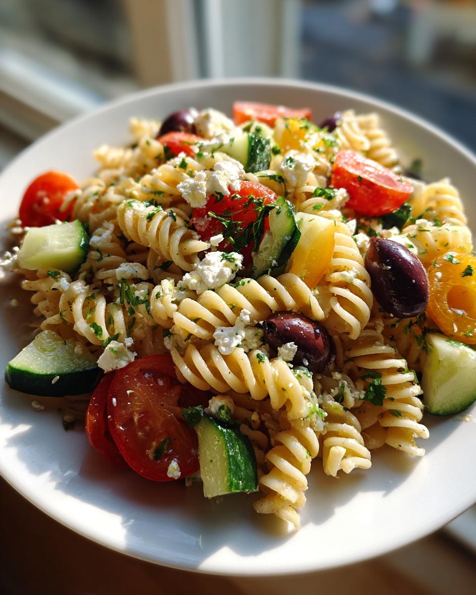 A close-up of a bowl of vibrant mediterranean pasta salad featuring rotini pasta, cucumber, tomatoes, feta cheese, and black olives.
