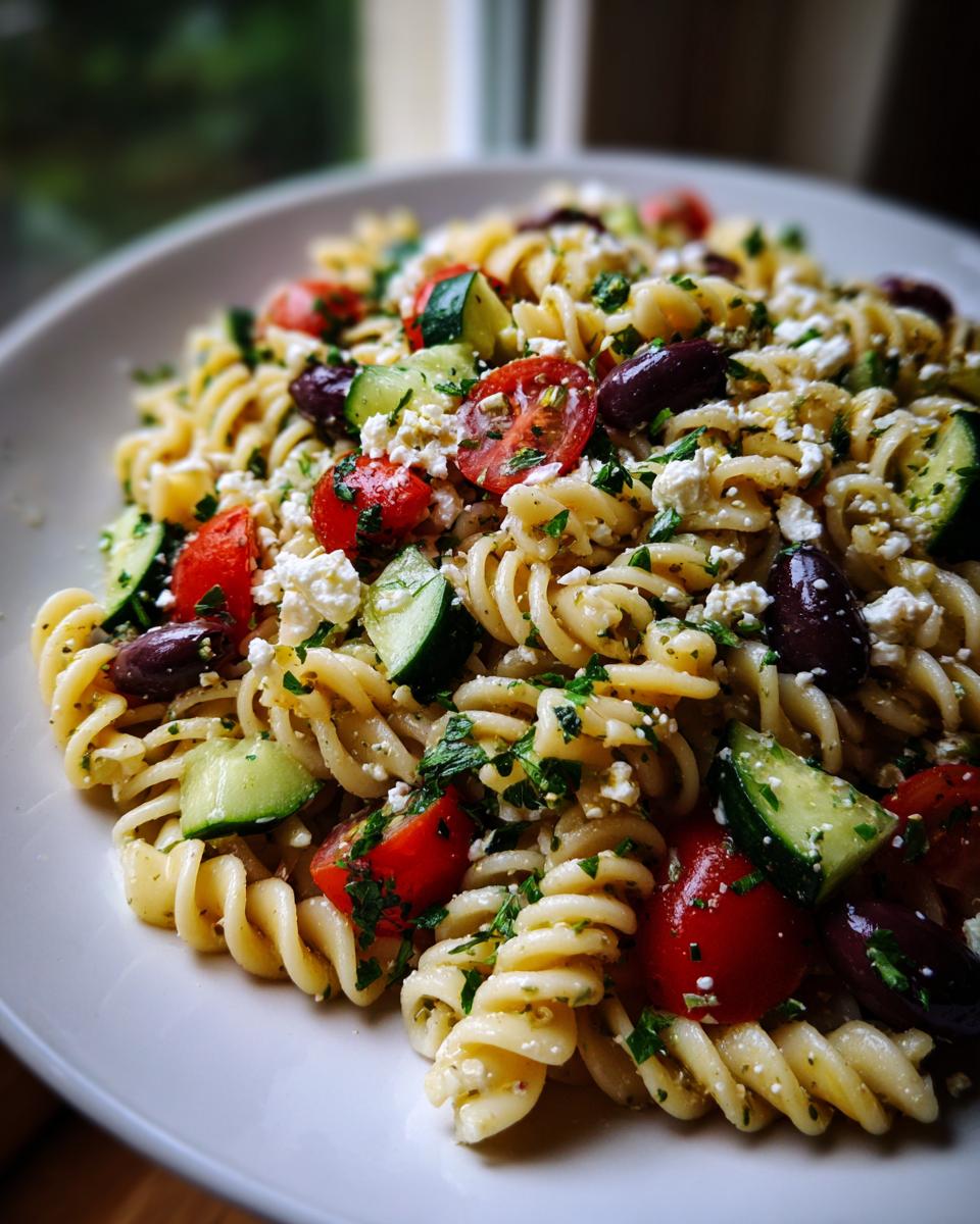 A close-up view of a vibrant mediterranean pasta salad featuring fusilli pasta, cherry tomatoes, cucumbers, Kalamata olives, and crumbled feta cheese.