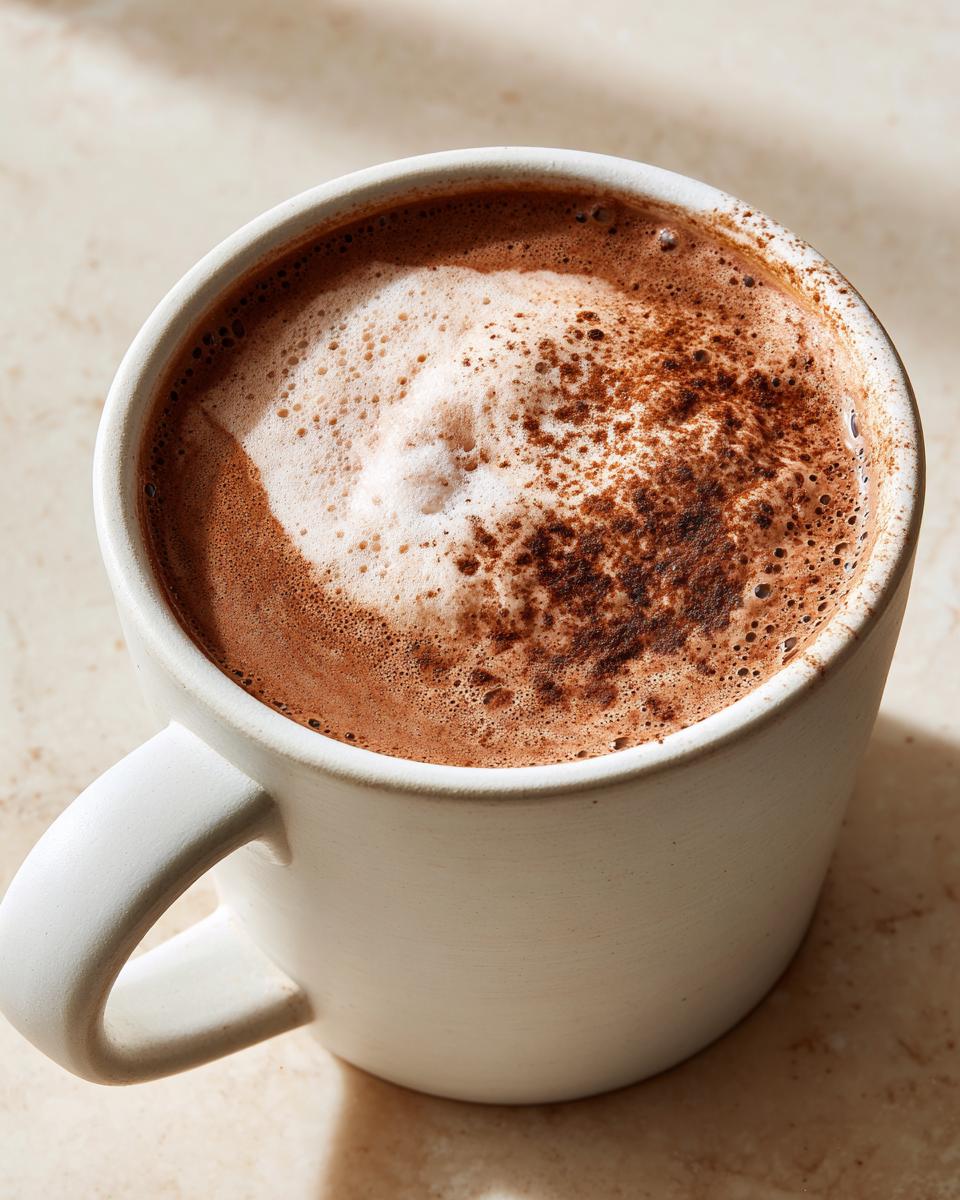 Close-up of rich mexican hot chocolate topped with foam and dusted cocoa powder in a white mug.