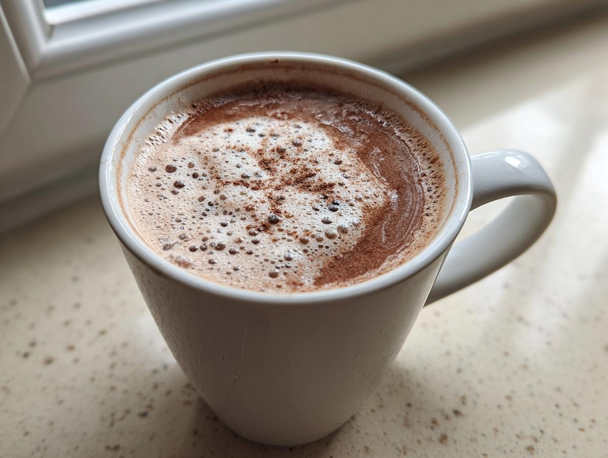Close-up of a mug filled with rich mexican hot chocolate topped with foam and cinnamon.