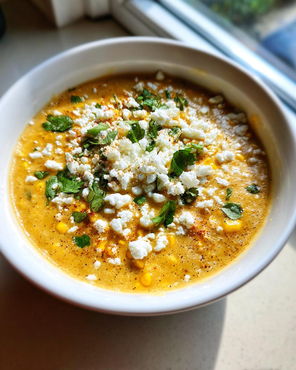 Close-up of a creamy bowl of mexican street corn soup garnished generously with cotija cheese and fresh cilantro.
