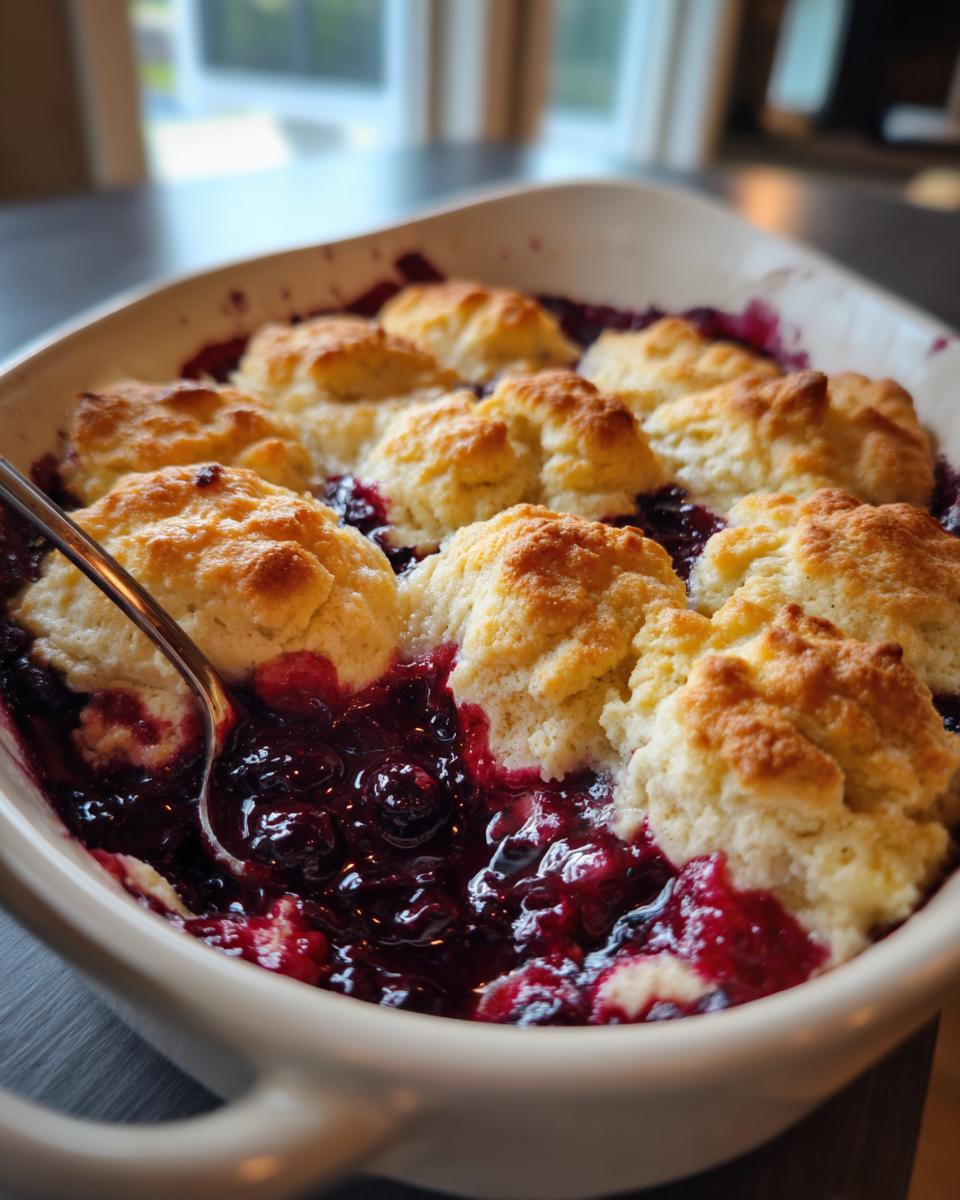 Close-up of a warm mixed berry cobbler with golden biscuit topping being served with a spoon.