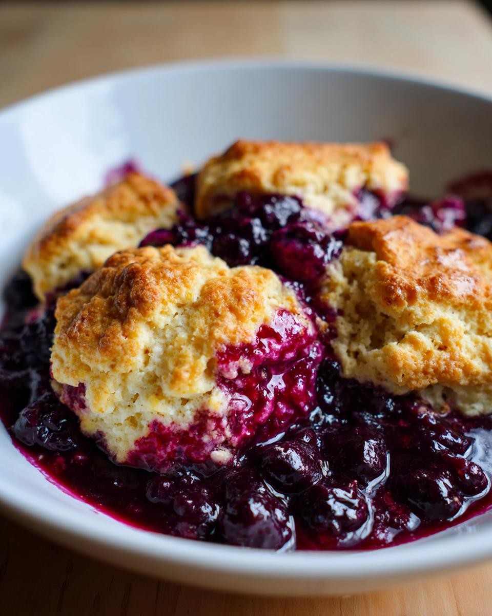 Close-up of warm mixed berry cobbler with juicy berries and golden biscuit topping served in a white bowl.