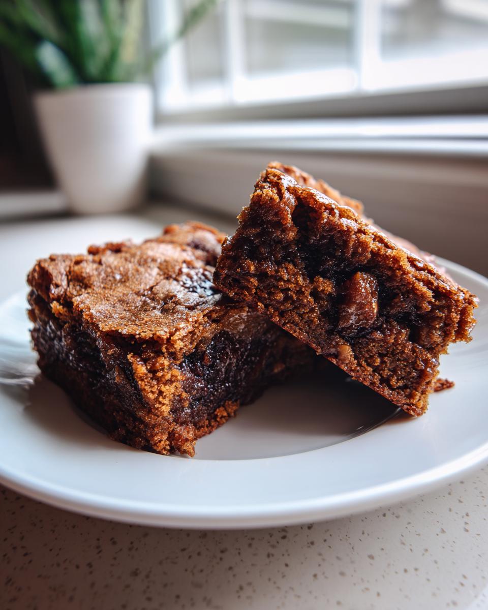Close-up of two rich, fudgy apple brownies stacked on a white plate, showing the moist texture.