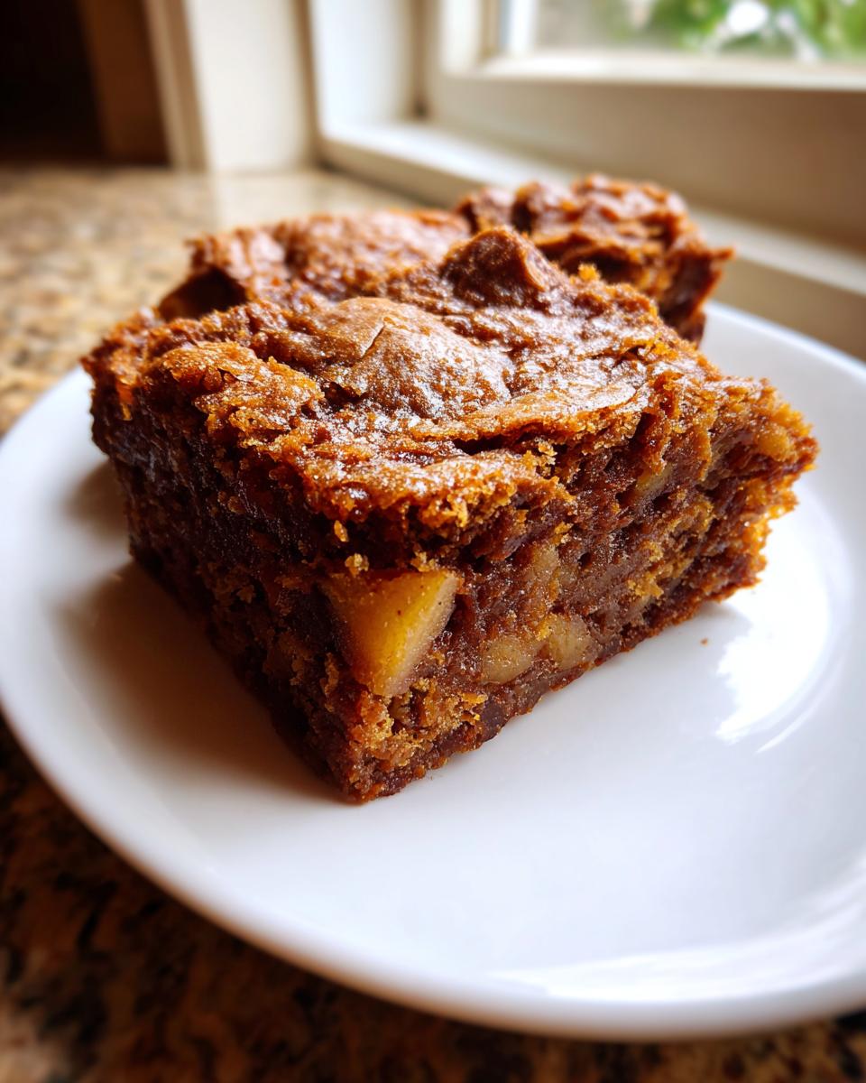 Close-up of a rich, dark apple brownies square served on a white plate, showing chunks of baked apple inside.