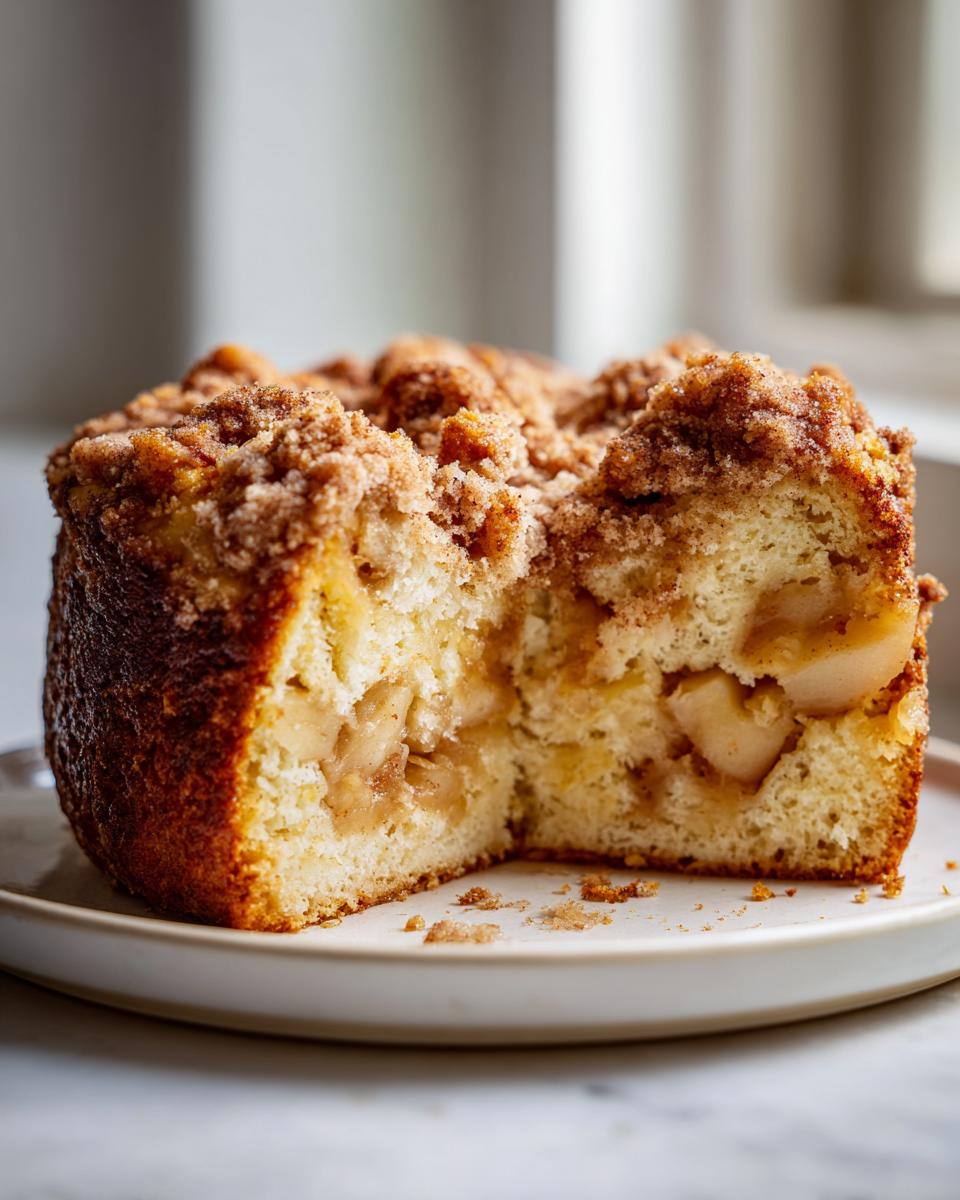 Close-up of a moist slice of apple crumb cake showing tender cake, baked apple chunks, and a thick cinnamon streusel topping.