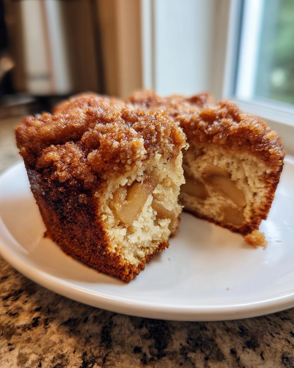Close-up of a slice cut from an apple crumb cake, showing soft cake interior and chunks of baked apple.