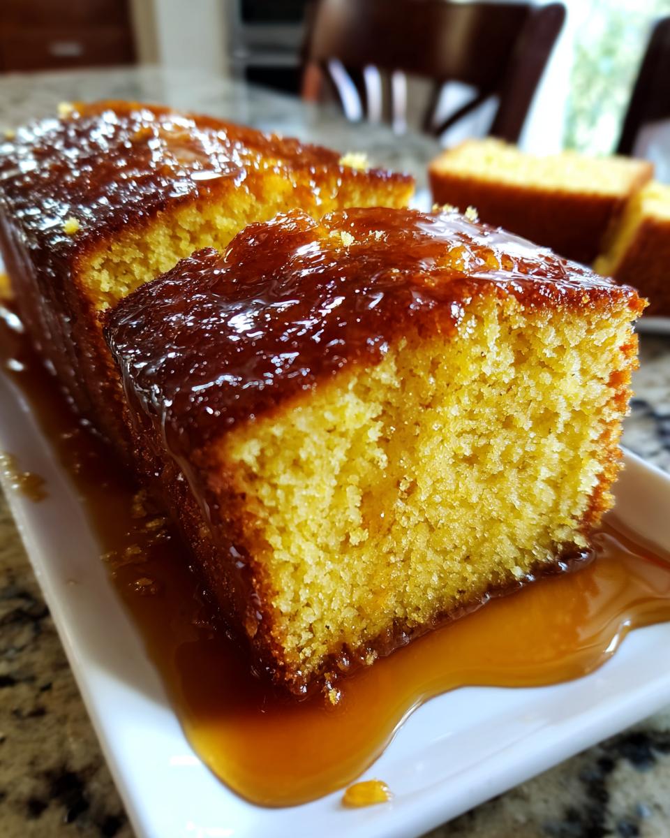 Close-up of a moist slice of Bacardi rum cake heavily drizzled with a rich, amber glaze.