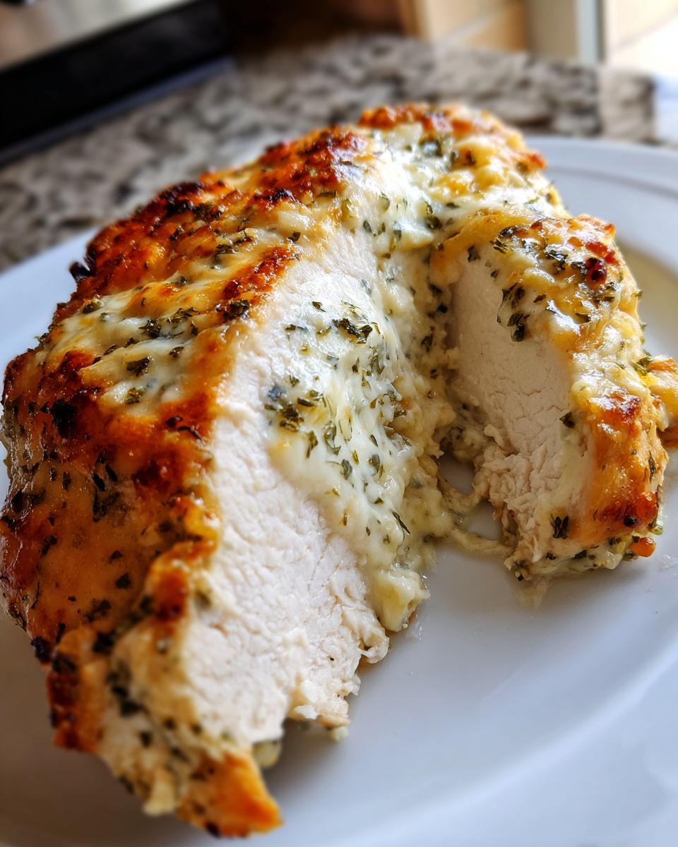 Close-up of juicy baked ranch chicken breast sliced open, showing white meat and creamy, cheesy ranch topping.