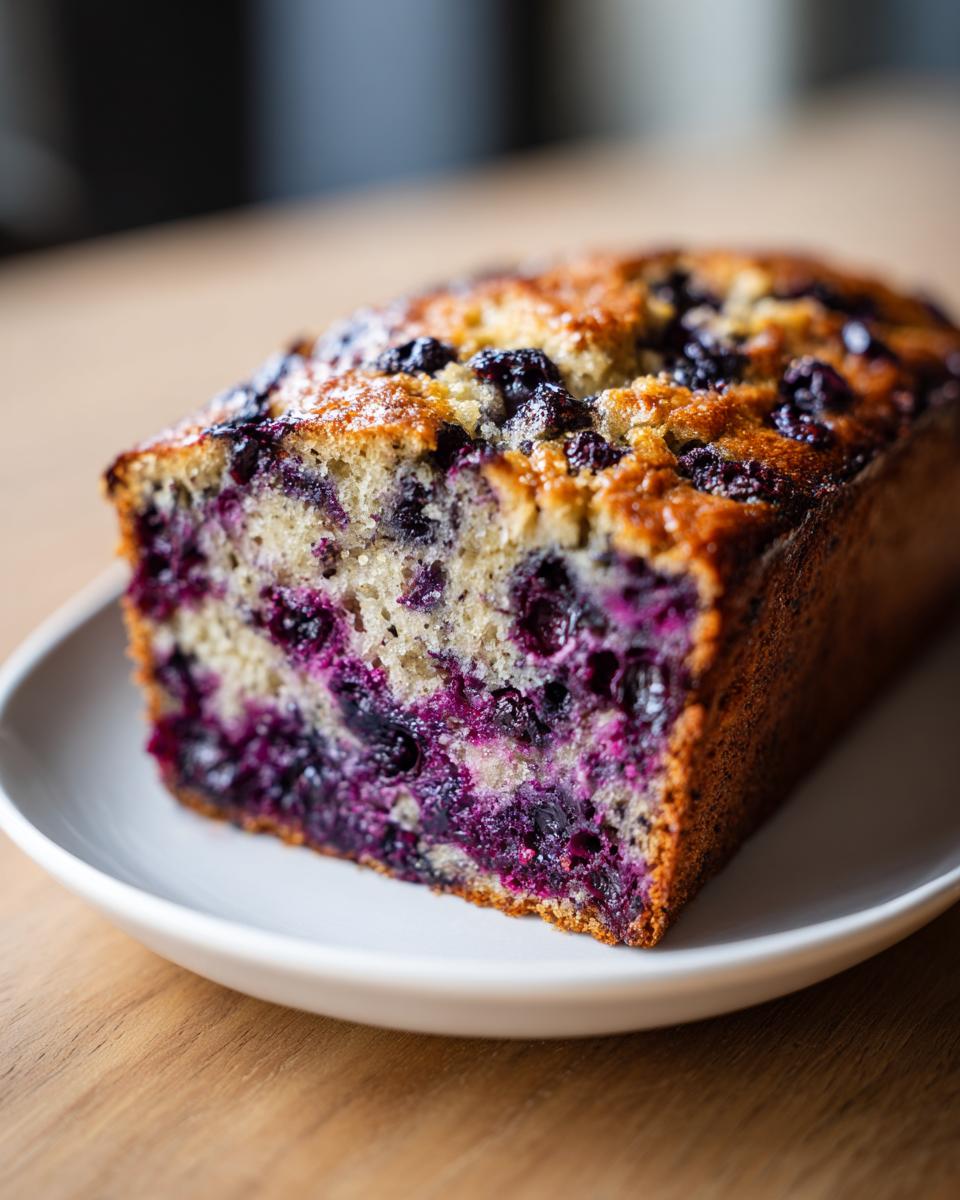 Close-up of a moist blueberry banana bread loaf showing vibrant purple blueberries baked into the golden crumb.