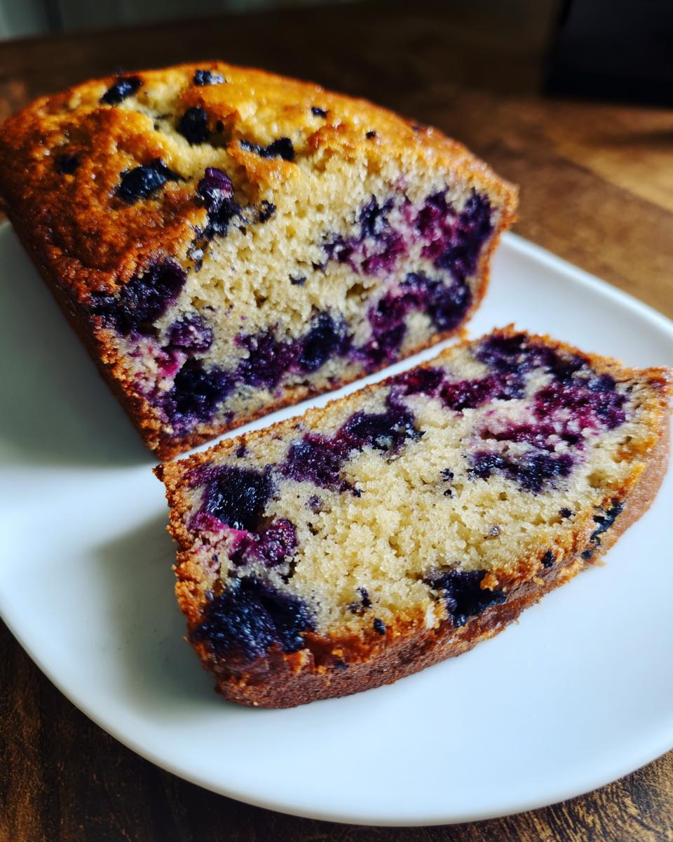 A close-up view of moist blueberry banana bread, showing a slice cut from the loaf packed with purple blueberries.