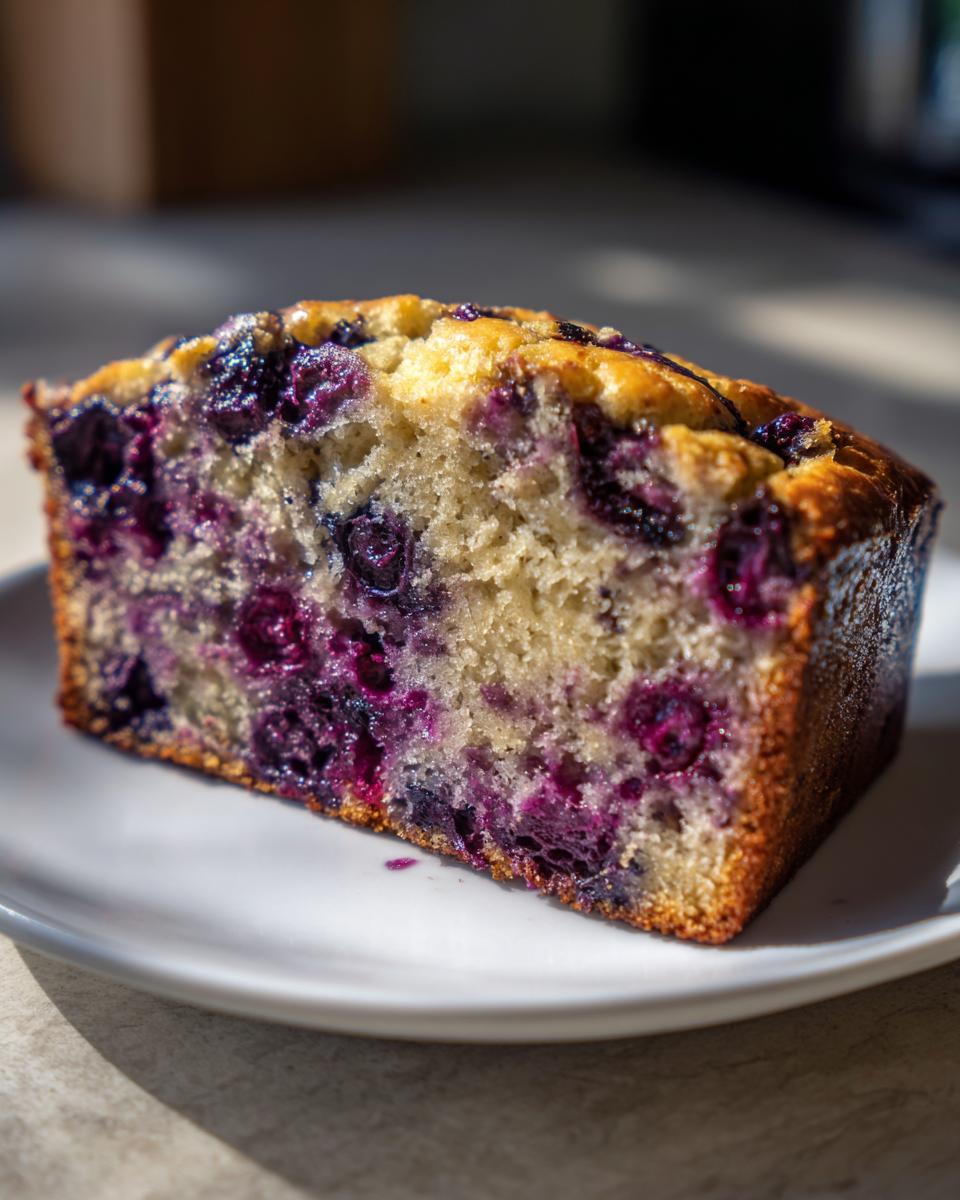 Close-up of a moist slice of blueberry banana bread showing vibrant purple blueberries baked into the golden crumb.
