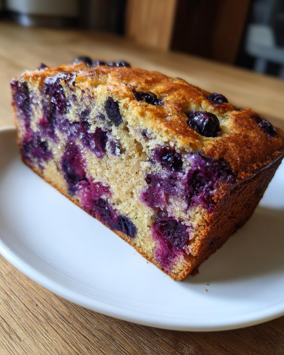 Close-up of a moist slice of blueberry banana bread showing vibrant purple blueberries baked into the golden crumb.