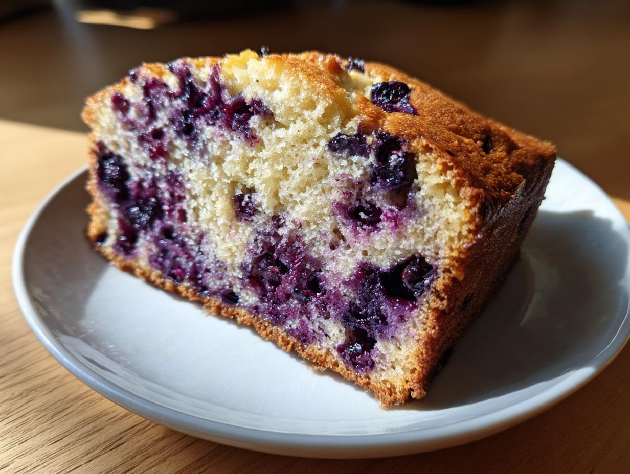 Close-up of a moist slice of blueberry banana bread on a white plate, showing rich purple blueberries.