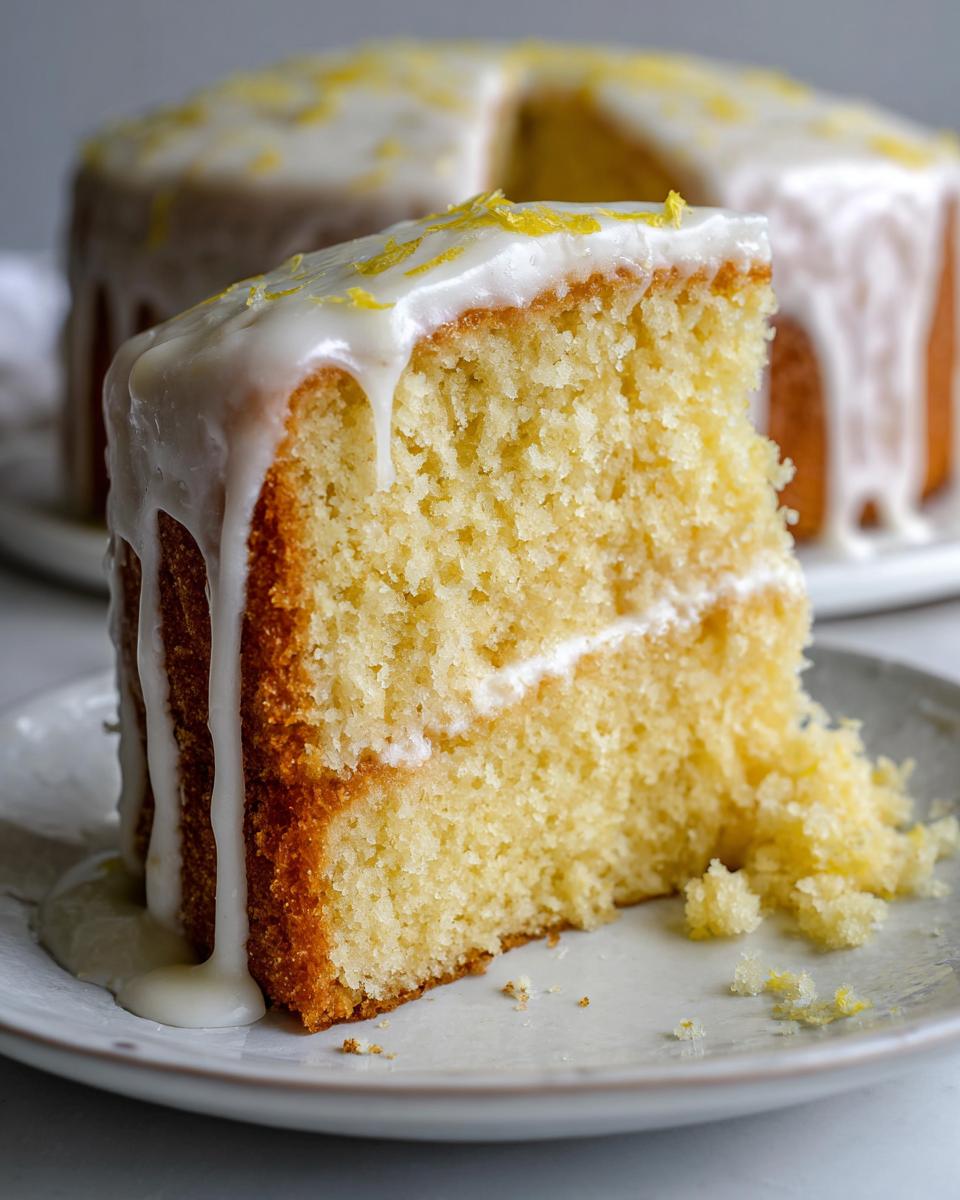 Close-up of a thick slice of moist lemon cake recipe topped with dripping white glaze and lemon zest.