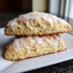 Close-up of two fluffy lemon scones stacked, showing the moist interior and thick lemon glaze.