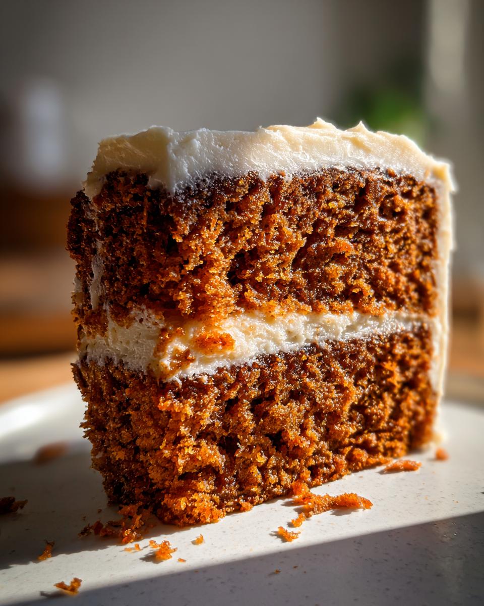 Close-up of a thick, moist slice of spice cake layered with cream cheese frosting.