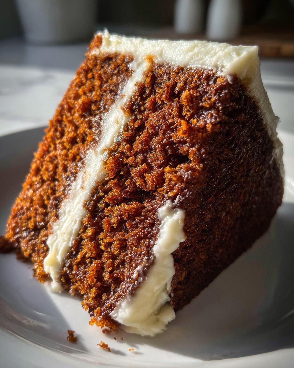 Close-up of a moist slice of dark brown spice cake layered and topped with thick white cream cheese frosting.