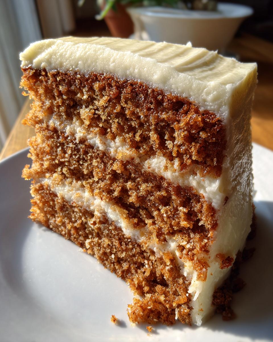 Close-up of a moist, layered slice of spice cake with thick white cream cheese frosting.