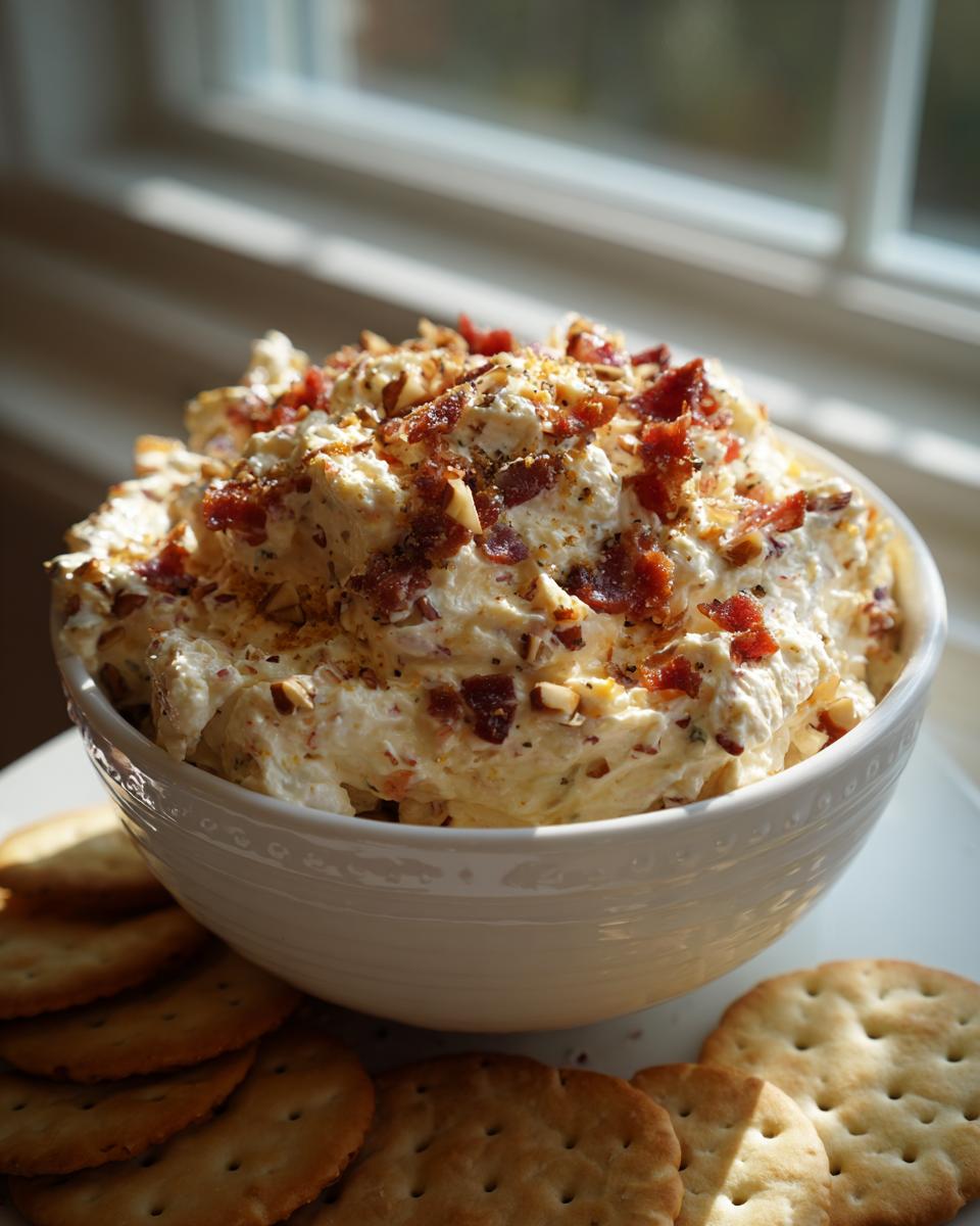 A creamy bowl of Neiman Marcus dip topped with bacon bits and nuts, served with round crackers.