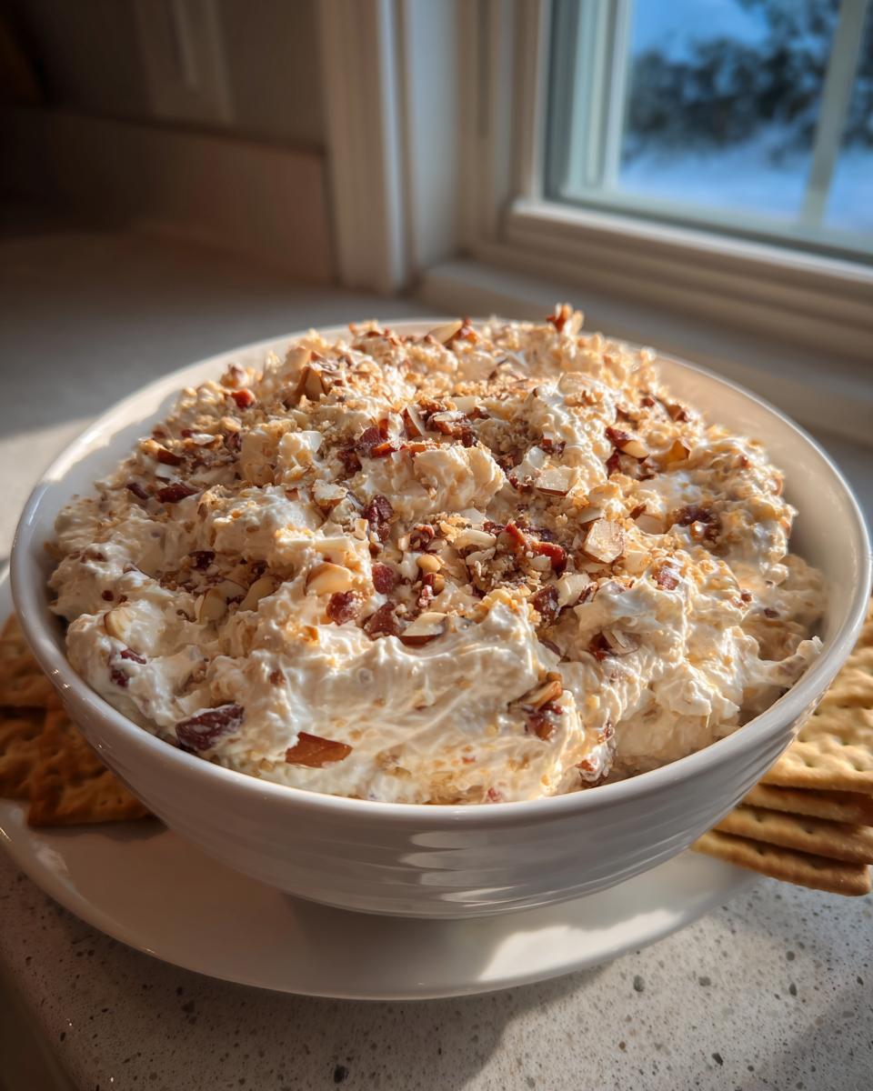 A creamy bowl of Neiman Marcus dip generously topped with chopped nuts, served with crackers.