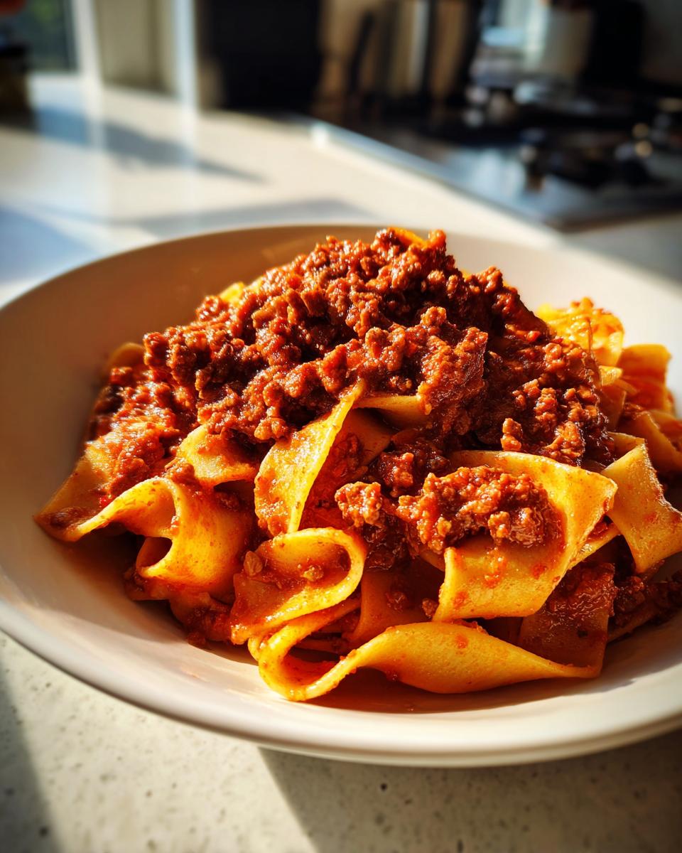 Close-up of wide pappardelle pasta generously topped with rich, meaty bolognese sauce, bathed in sunlight.