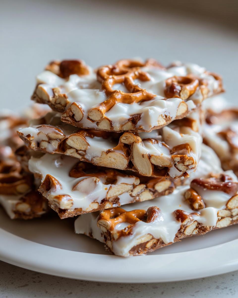 A stack of homemade peanut butter pretzel bark pieces covered in white chocolate, featuring visible pretzels and nuts.