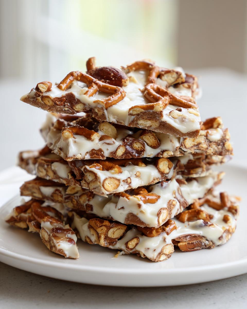 A stack of broken pieces of peanut butter pretzel bark topped with white chocolate, pretzels, and almonds.