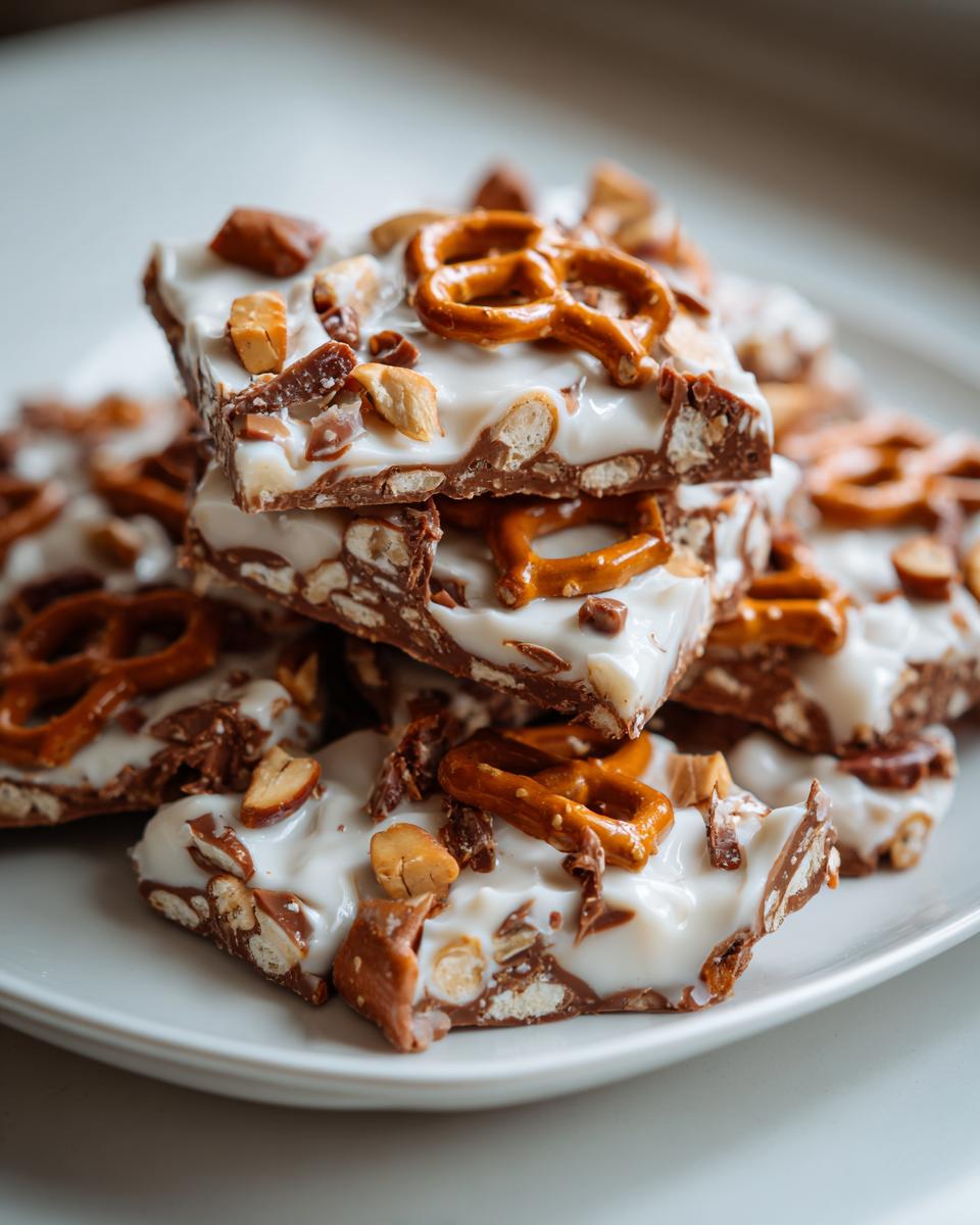 Close-up of stacked pieces of peanut butter pretzel bark topped with white chocolate, pretzels, and nuts.