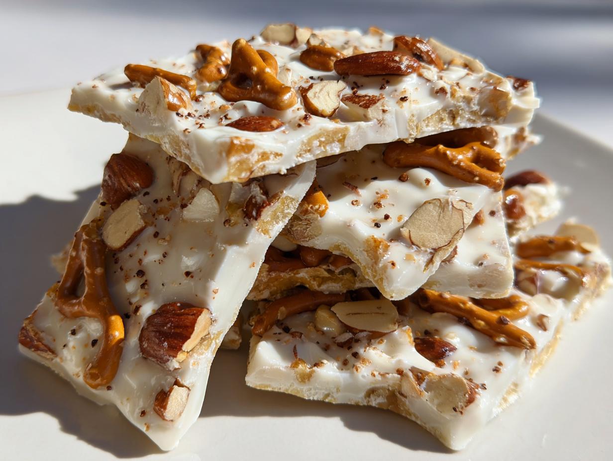 Close-up of stacked pieces of white chocolate peanut butter pretzel bark topped with almonds and pretzel pieces.