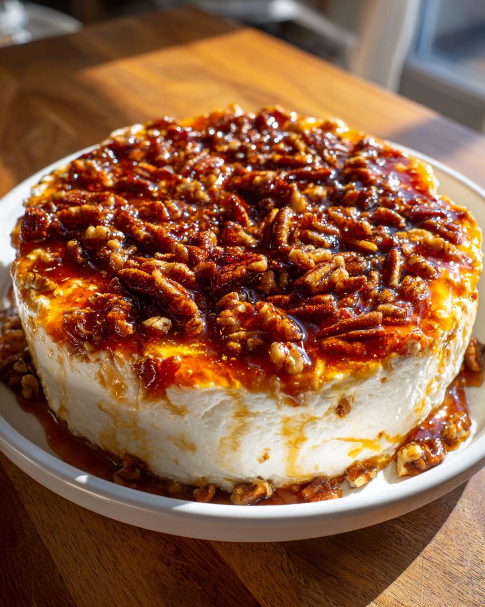 A round serving of creamy pecan pie dip topped generously with sticky, caramelized pecans.