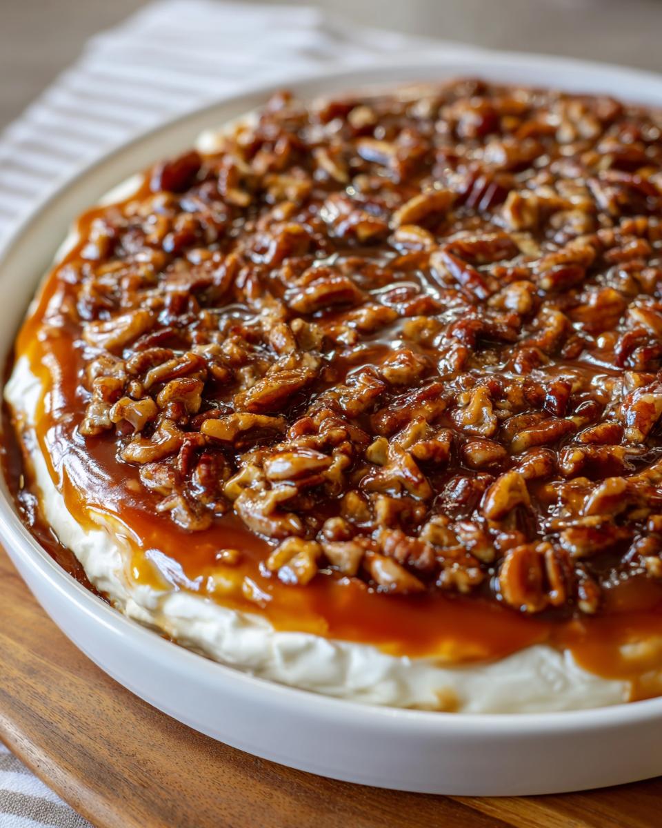 A close-up view of the creamy pecan pie dip topped generously with glazed pecans and thick caramel sauce.