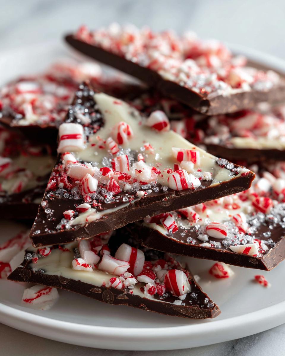 Close-up of broken pieces of dark and white peppermint bark recipe topped with crushed candy canes.