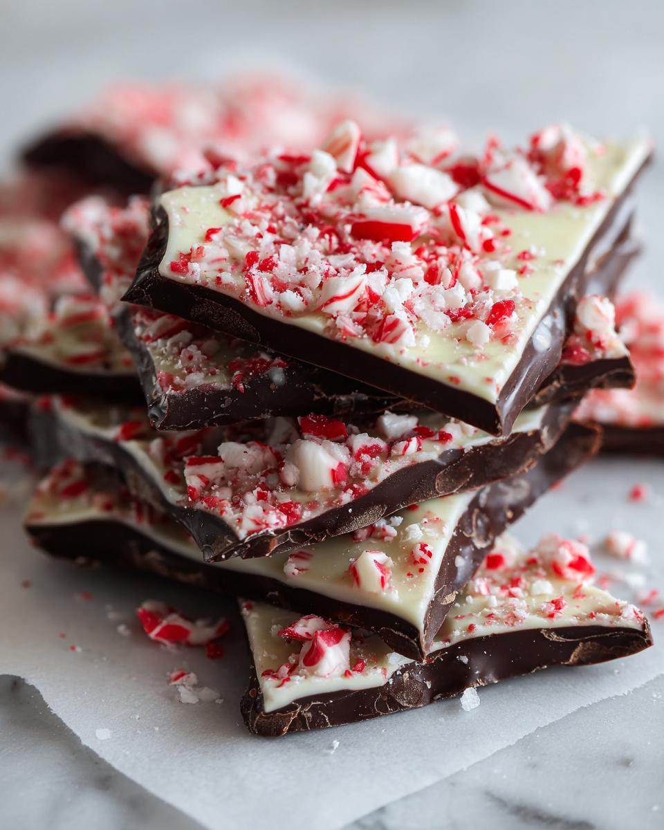 A stack of dark and white chocolate peppermint bark recipe pieces topped generously with crushed red and white candy canes.