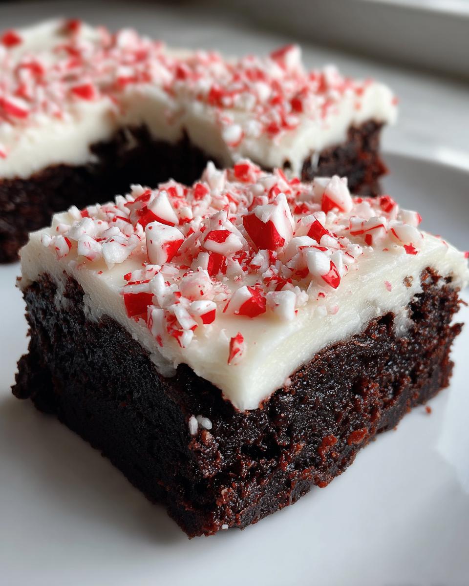 A close-up of a rich, dark chocolate peppermint brownie topped with thick white frosting and crushed candy canes.