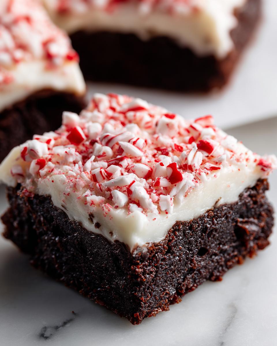 A rich, dark chocolate peppermint brownie square topped with thick white frosting and crushed candy canes.