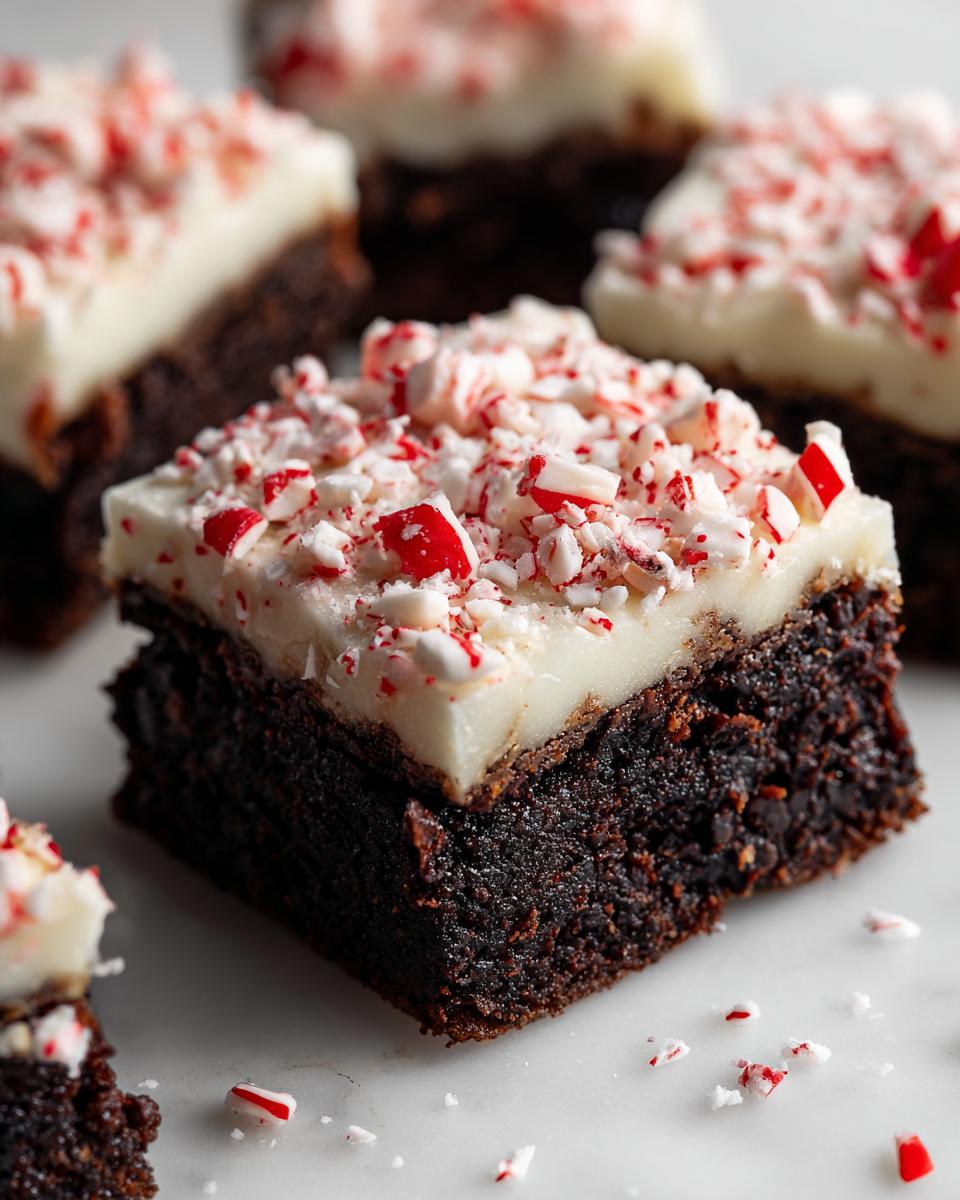 A close-up of a rich, dark chocolate peppermint brownie topped with thick white frosting and crushed candy canes.