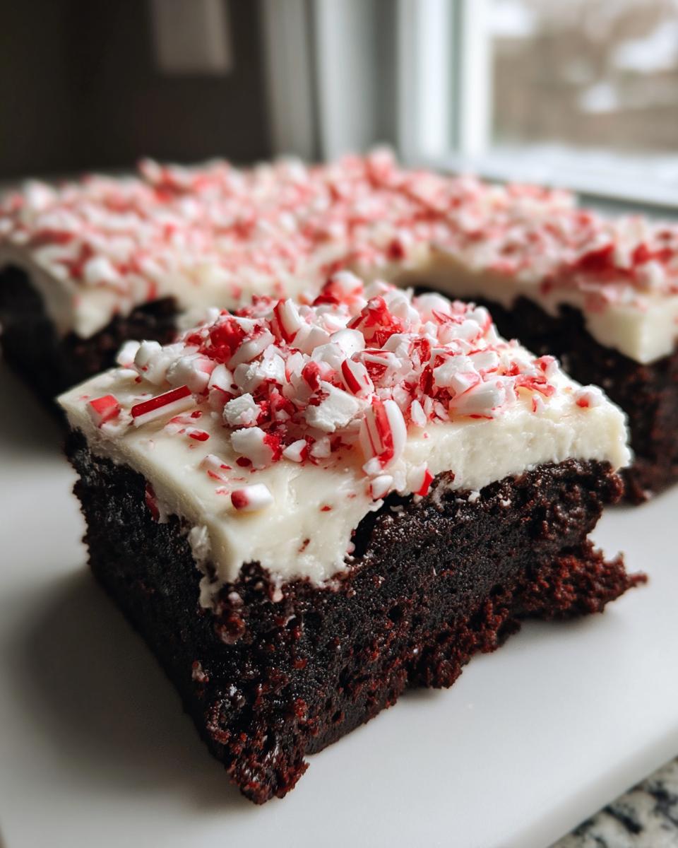 A rich, dark chocolate slice of peppermint brownies topped with thick white frosting and crushed candy canes.