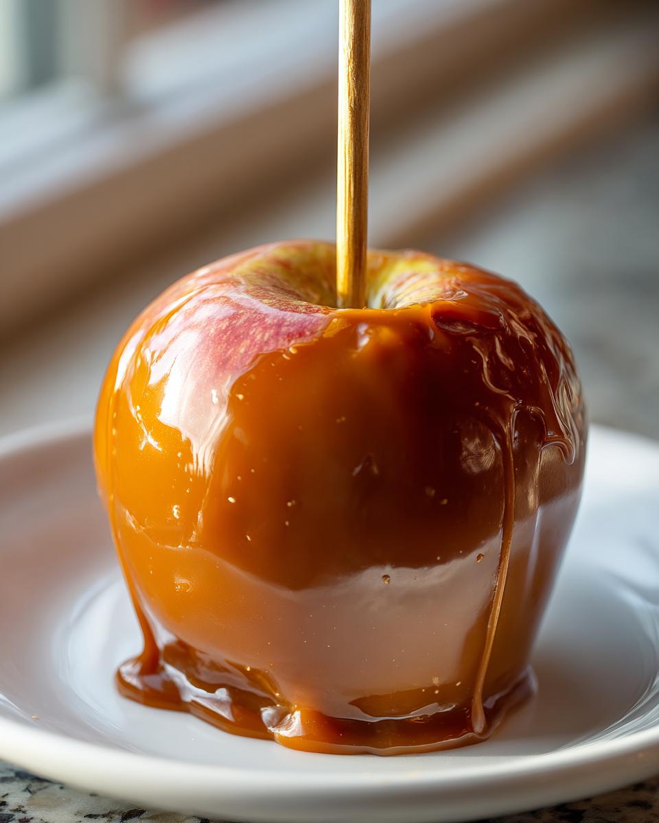 Close-up of a glossy, freshly dipped caramel apple on a white plate, showing the thick caramel dripping down.