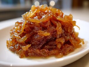 Close-up of a mound of deeply golden brown, glistening caramelized onions on a white plate.