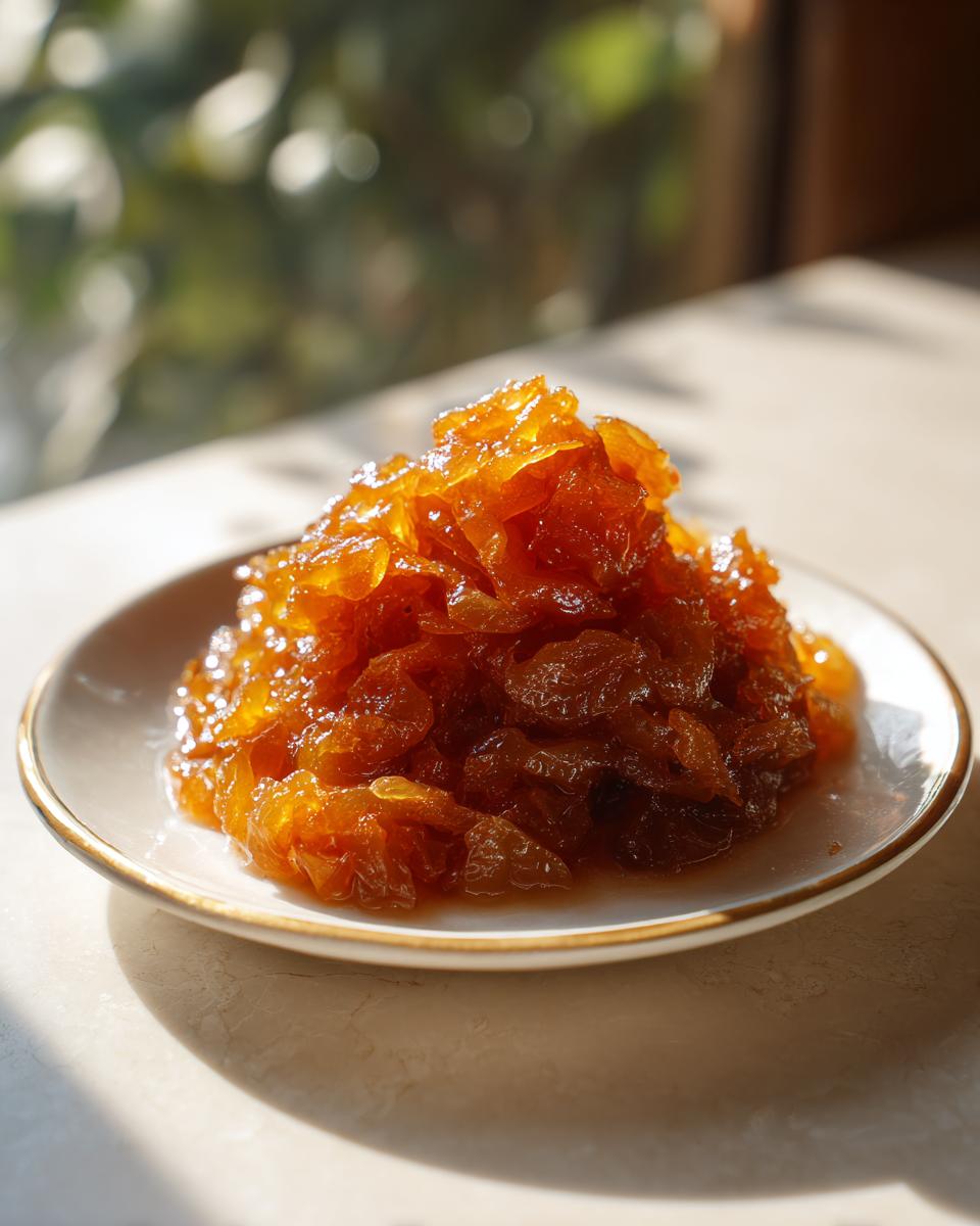 A mound of deeply golden brown, glossy caramelized onions piled high on a small white plate.