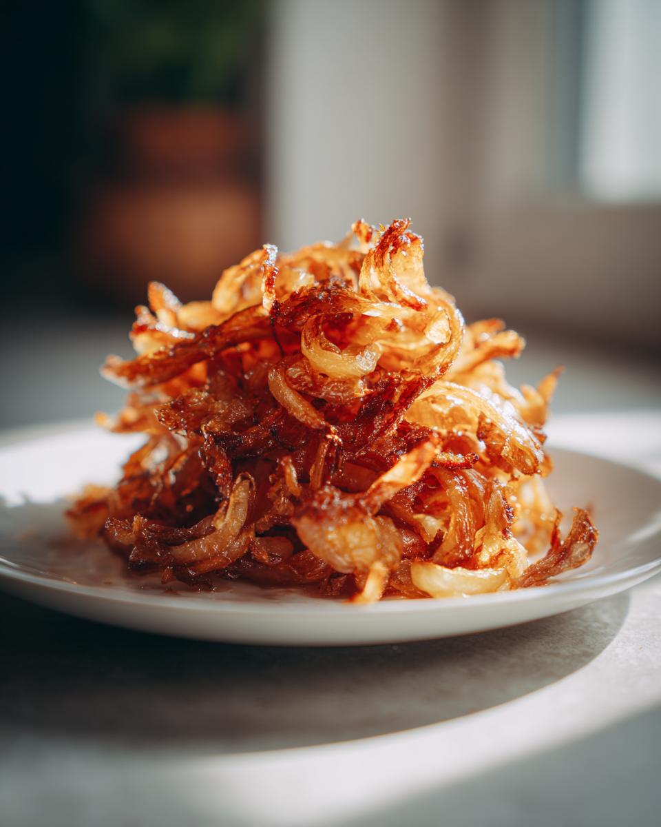 A mound of deeply browned and glossy caramelized onions piled high on a small white plate, beautifully lit by natural light.